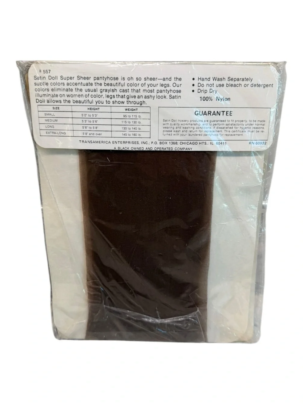 Vintage Satin Doll Super Sheer 100% Nylon Pantyhose Jet Brown Medium